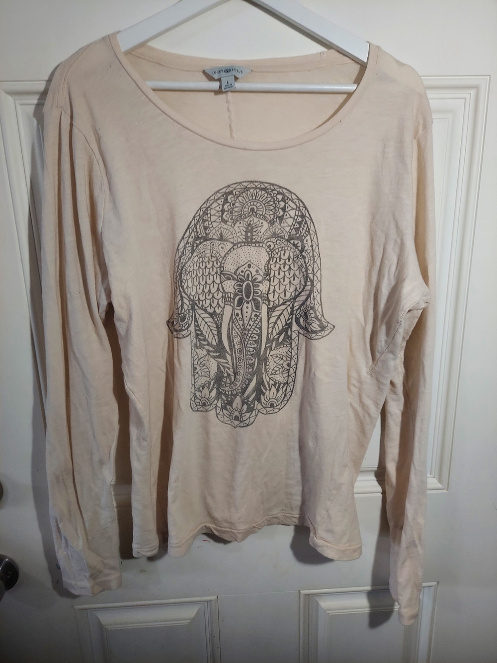 Lucky Lotus Light Beige Long Sleeve Tee with Ornate Elephant Graphic